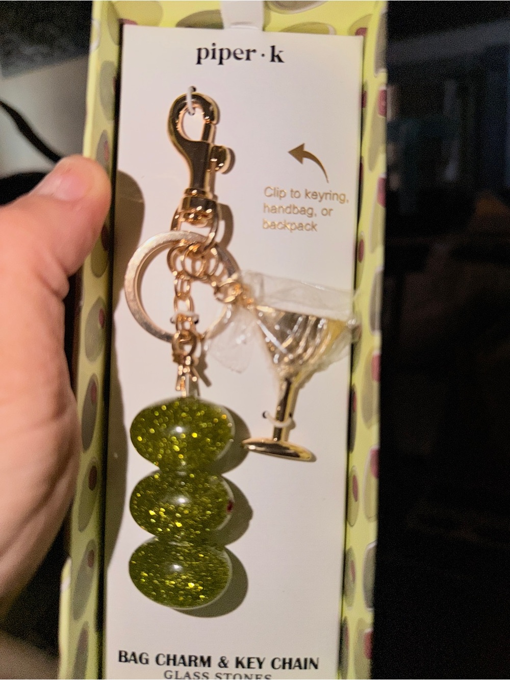 piper·k Gold Keychain Bag Charm with Green Glitter heavy glass Beads